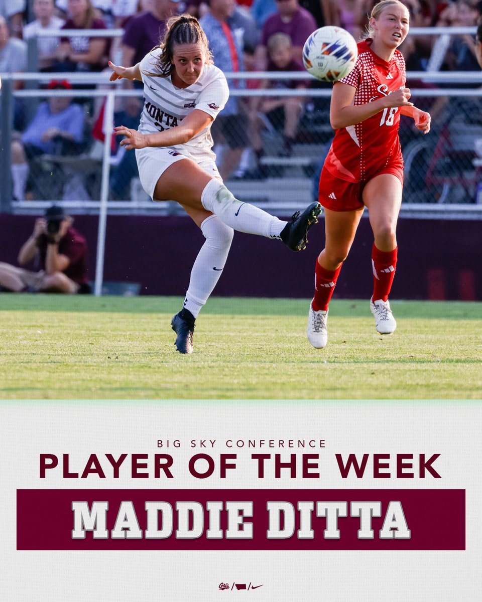 DITTA!!!!!

The senior midfielder, who scored twice in Sunday's 5-0 home win over MSU Billings, was named the Big Sky Conference Offensive Player of the Week on Tuesday.

Story: gogriz.com/news/2025/9/9/…