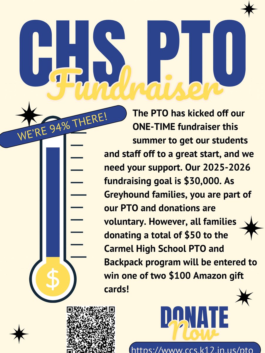 ONLY ABOUT $500 LEFT UNTIL WE REACH OUR GOAL FOR THIS YEAR! We’ve reached about 94% of our goal and we need YOUR help to get us across the finish line! Help support this year’s PTO! WE CAN’T SUPPORT ALL THE PROGRAMS WE SUPPORT WITHOUT YOUR HELP!! 

We are kicking off our ONE-TIME