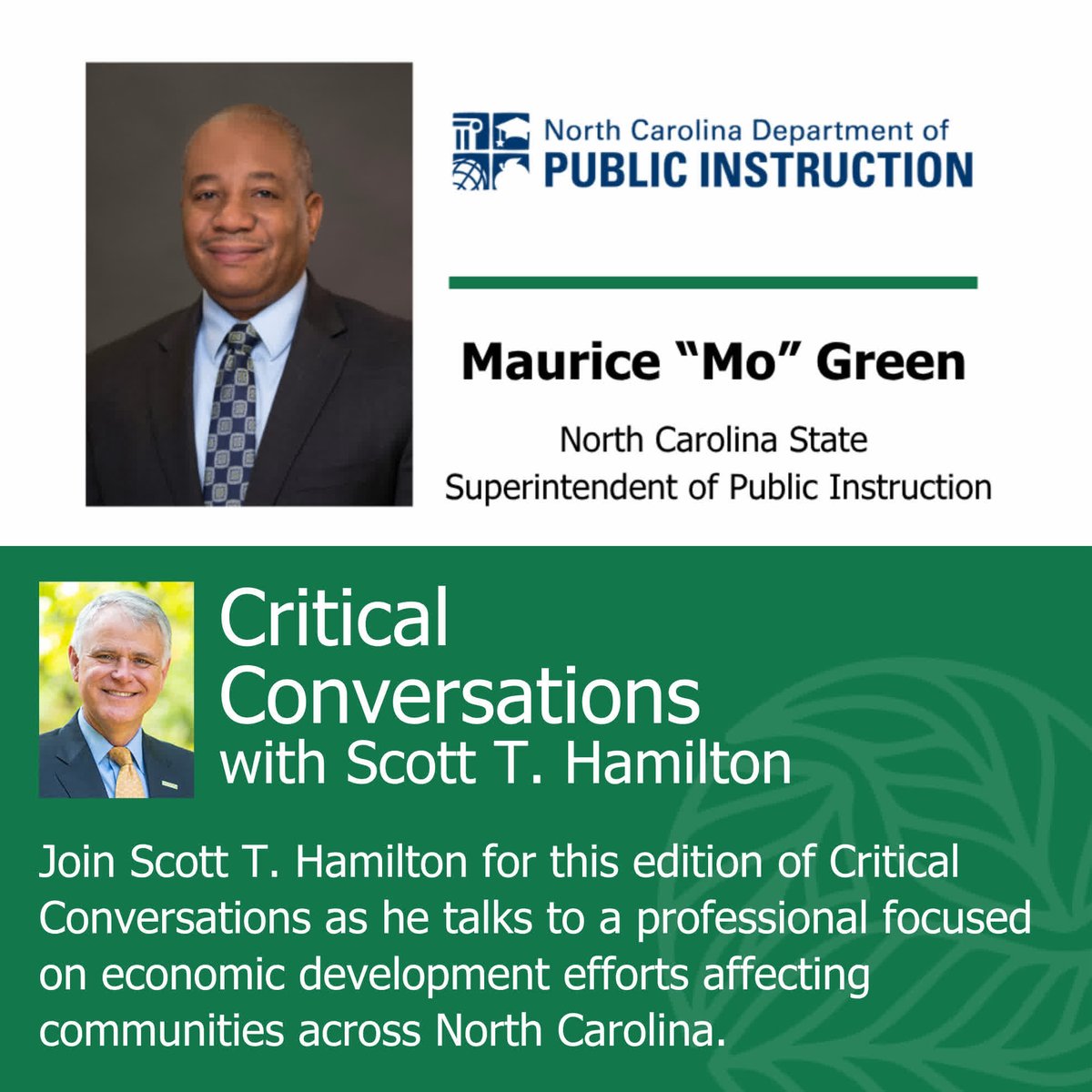 ICYMI🔎
<a href="/ncLEAFchief/">Scott T. Hamilton</a> <a href="/sth_scott/">Scott Hamilton</a> met with North Carolina State Superintendent of Public Instruction <a href="/MoGreenforNC/">Mo Green for NC</a> to discuss the innovative Golden LEAF Schools Initiative! Watch the episode 🎥 goldenleaf.org/critical-conve… 
<a href="/ncpublicschools/">NC Public Schools</a> 
#GoldenLEAFSchools #Workforce #RuralNC
