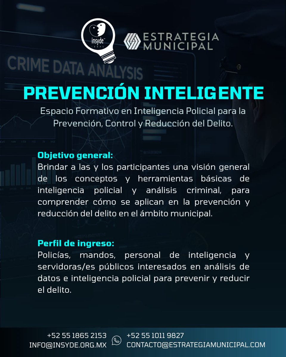🚨PREVENCIÓN INTELIGENTE 🚨
Espacio Formativo en Inteligencia Policial para la Prevención, Control y Reducción del Delito

📅 Fechas y ponentes:
18 sep - 🇨🇴 Williams Gilberto Jiménez-García 
25 sep – 🇲🇽 Miguel Garza Flores
1 oct – 🇧🇷 Adriana Loche
10 oct – 🇪🇸 Daniel Sanso
16 oct