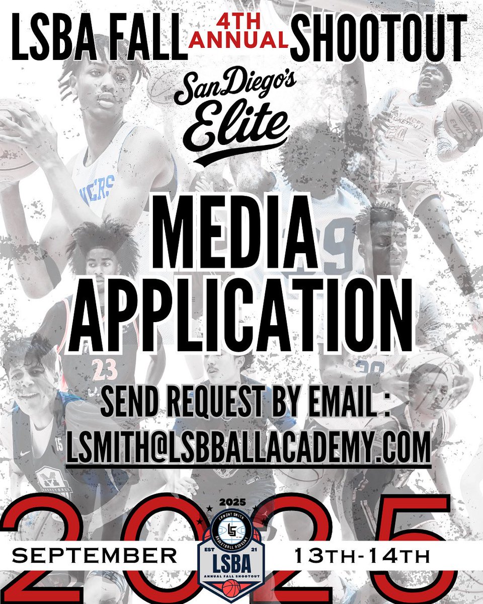 CoachMontySmith's tweet photo. Calling all π· photographers + π₯ videographers!
β¨Want to join the LSBA Media Team for the 4th Annual Fall Shootout?
Featuring San Diegoβs Elite!
β¨π© Email: lsmith@lsbballacademy.comβ¨π¬ Or just DM us!
β¨#LSBAFamily #LSBA
#FallShootout
#MediaOpportunity https://t.co/rrZMxG61R0