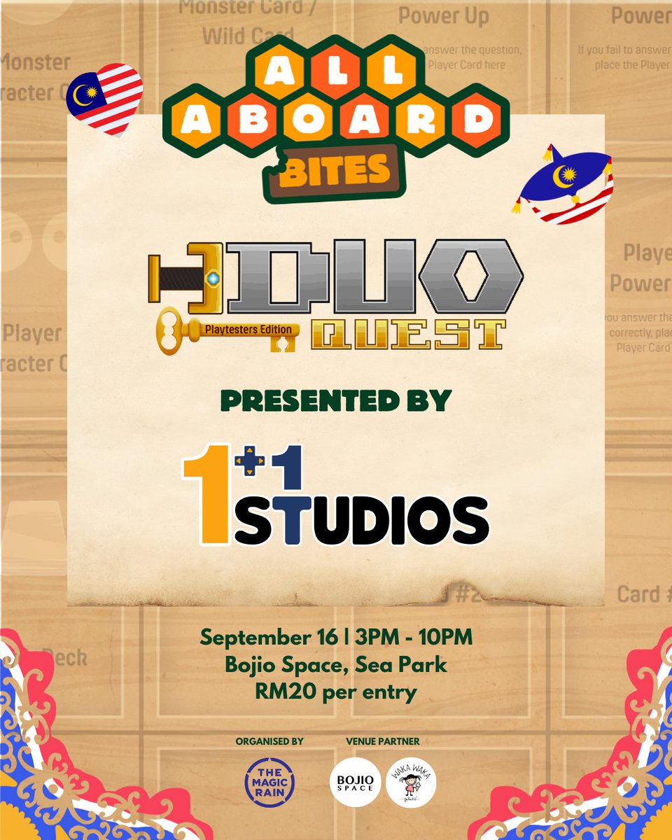 We're excited to host the Malaysian-made tabletop game Duo Quest at our upcoming edition of All Aboard Bites! Come try out the game, and meet the team from <a href="/1plus1_games/">1+1 Studios</a>!

Register now: docs.google.com/forms/d/e/1FAI…