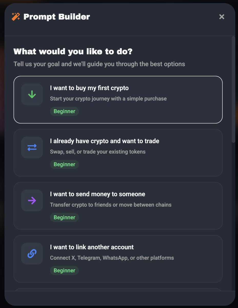 tator_trader's tweet image. Prompt Builder: Upgraded 😎
Whether it’s your first crypto buy or your hundredth cross-chain swap… you don’t need to know the perfect command.
Not sure what to ask? Afraid to click the wrong thing?
Crypto is now as easy as:
👉 Pick it
👉 Click it
👉 Chat it
I build the…