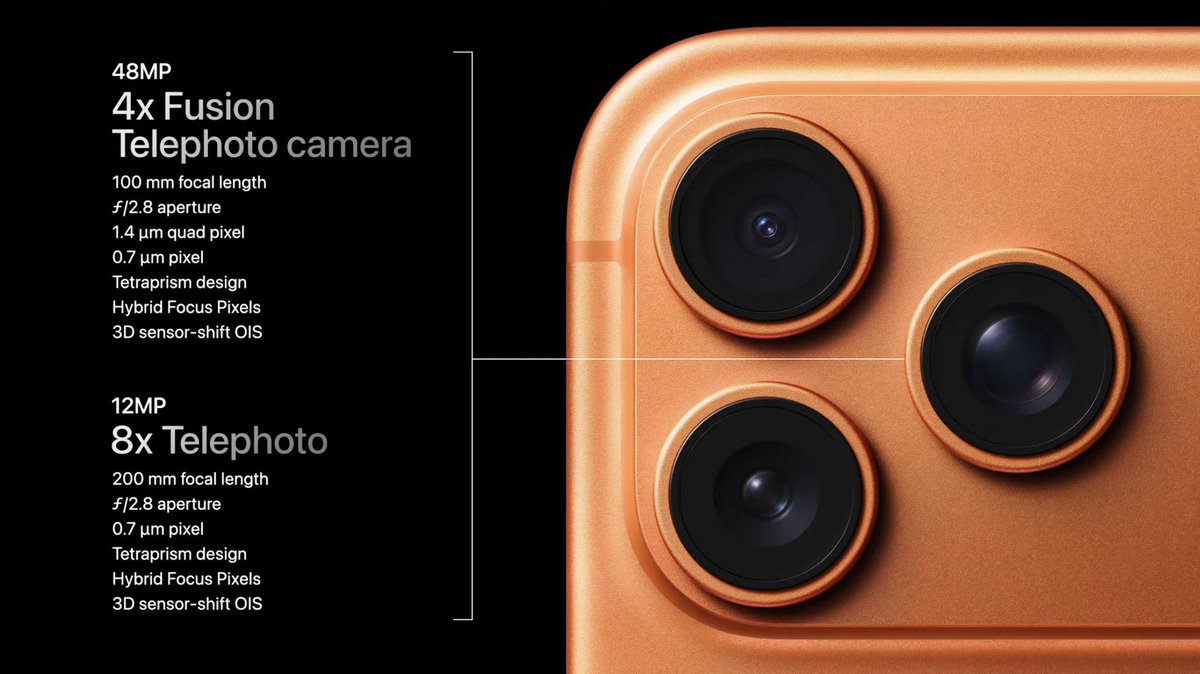 #Apple equipa su nuevo #iPhone17ProMax con un sistema de triple cámara de 48 MP: principal, ultra gran angular y teleobjetivo con zoom óptico de 8x. La cámara frontal es de 24 MP, perfecta para selfies y videollamadas nítidas.