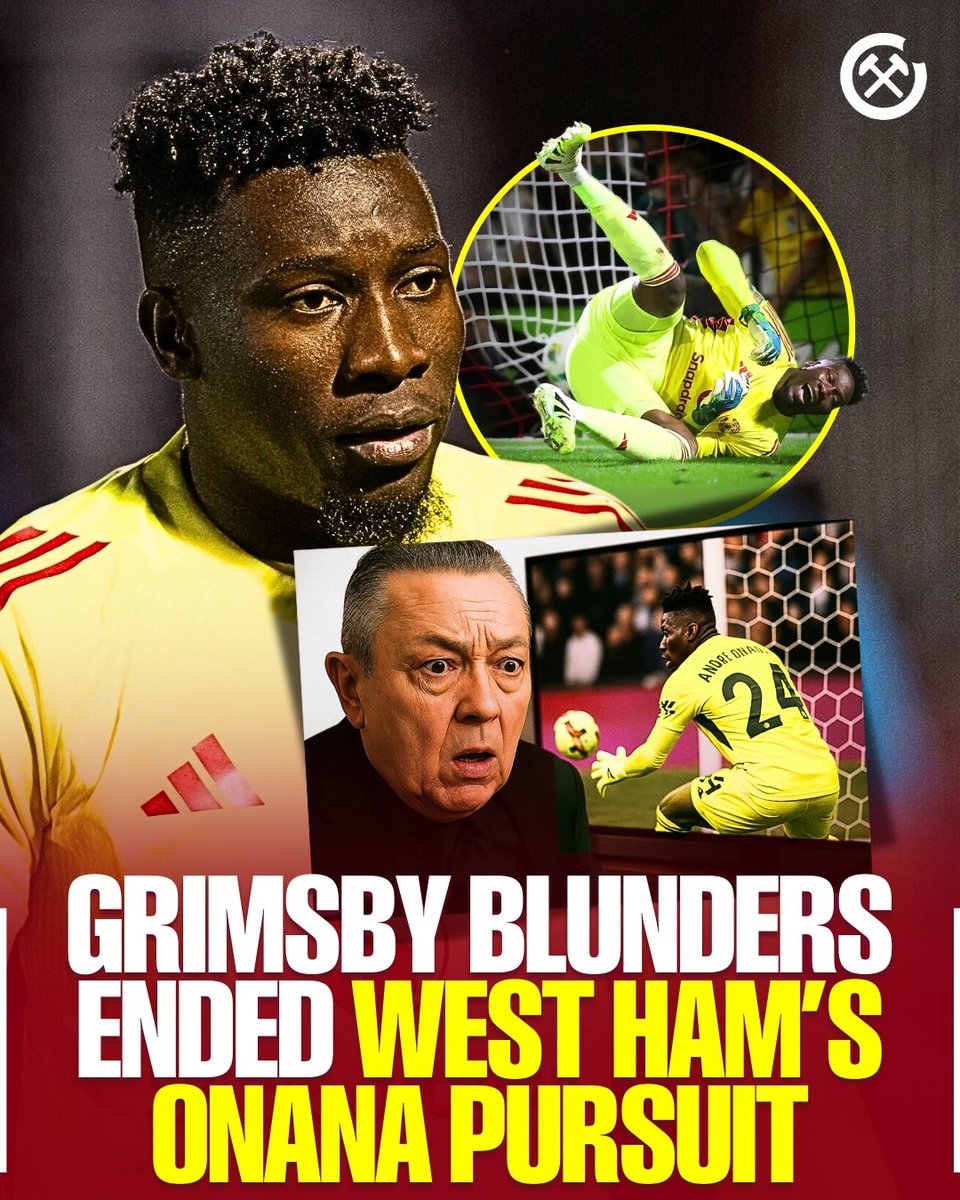 🤦‍♂️ | 𝗥𝗘𝗣𝗢𝗥𝗧: West Ham had real interest in Onana… but David Sullivan ended it after his Grimsby errors. [<a href="/alex_crook/">Alex Crook ⚽️🎙</a>] 

34 PL apps last season, 44 goals conceded (most of any Big 6 GK), 3 errors leading to goals. Fans asking: why did it take Grimsby to pull the plug? 🤔