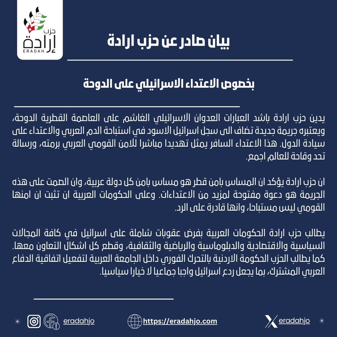 eradahjo's tweet photo. بيان صادر عن حزب ارادة
بخصوص الاعتداء الاسرائيلي على الدوحة
#الدوحة https://t.co/Wws6vFvSzM