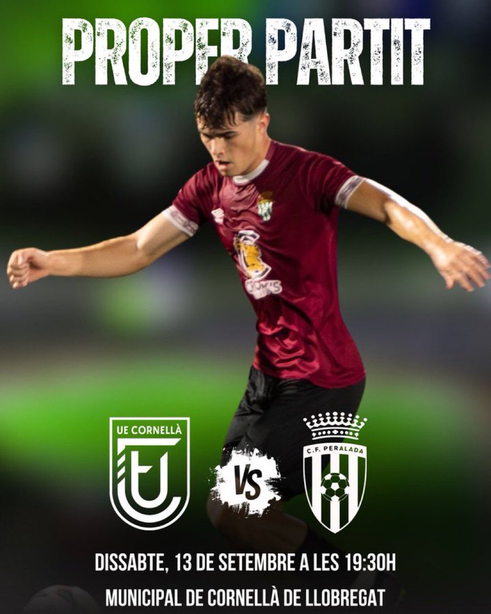 CFPeralada's tweet image. 𝗦𝗲𝗴𝗼𝗻𝗮 𝗷𝗼𝗿𝗻𝗮𝗱𝗮 𝗱𝗲 𝗹𝗹𝗶𝗴𝗮 ⚽

📅 Dissabte, 13 de setembre
🕡 19:30h
🏟️ Municipal de Cornellà
⚔️ @ue_cornella  🆚 @cfperalada

👉 Ens espera un nou repte a domicili. Som-hi, Xampanyers! 💪💚🤍

Gràcies: @SemenCardona 🙌

#3rfef #ProperPartit #SomPeralada 💚⚔️