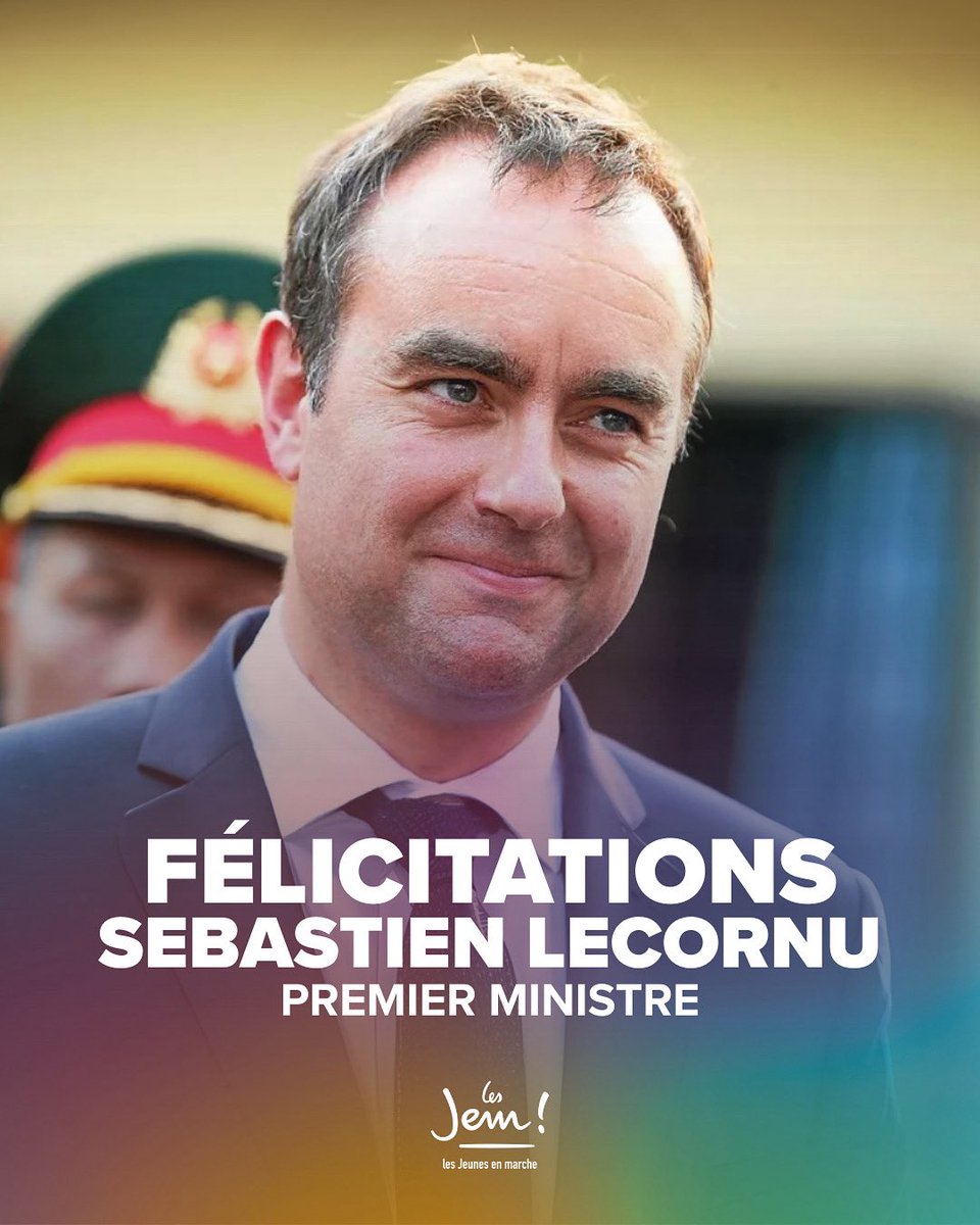 Les Jeunes avec Macron (@jeunesmacron) on Twitter photo Félicitations à <a href="/SebLecornu/">Sébastien Lecornu</a>, nommé Premier ministre par le Président de la République.
Il faut désormais former un gouvernement qui rassemble, dans un esprit de compromis et de responsabilité, pour doter la France d’un budget avant le 31 décembre. Félicitations à <a href="/SebLecornu/">Sébastien Lecornu</a>, nommé Premier ministre par le Président de la République.
Il faut désormais former un gouvernement qui rassemble, dans un esprit de compromis et de responsabilité, pour doter la France d’un budget avant le 31 décembre.