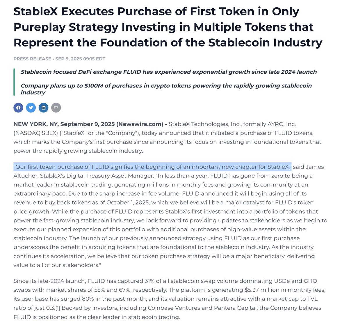 StableX press release announcing FLUID token purchase