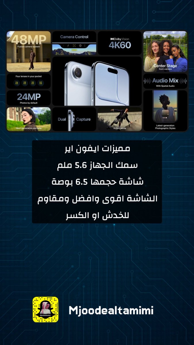 mjoodeAltamimi's tweet photo. مميزات ايفون اير
سمك الجهاز 5.6 ملم 
شاشة حجمها 6.5 بوصة
الشاشة اقوى وافضل ومقاوم للخدش او الكسر

#AppleEvent https://t.co/bvElcMrOtf