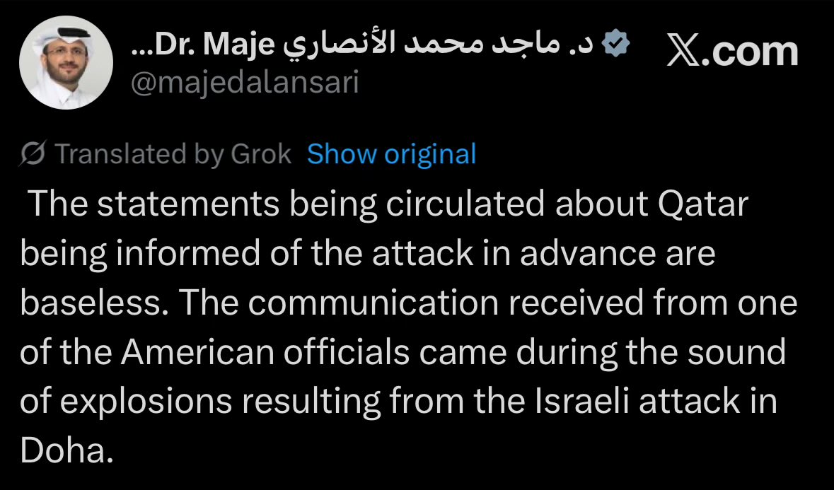 Qatar denies White House version of events on informing Qatar ahead of the Israeli strike on Hamas HQ in Doha.