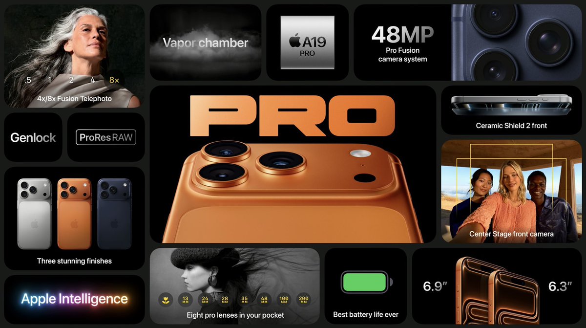 FearedBuck's tweet photo. All the features of the iPhone 17 Pro

•Starts at $1099
•48 megapixel camera
•New 200mm optical zoom lens
•ProRes RAW video capture with genlock
•6-core processor
•32 hours of video playback
•Water vapor chamber cooling https://t.co/910nTfwIRt