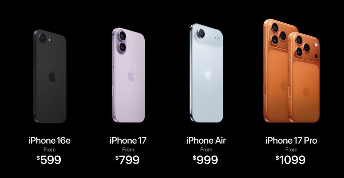 Estos son los precios para México de los nuevos iPhone:

iPhone 17 desde $19,999
iPhone Air desde $25,999
iPhone 17 Pro desde $28,499
iPhone 17 Pro Max desde $30,999