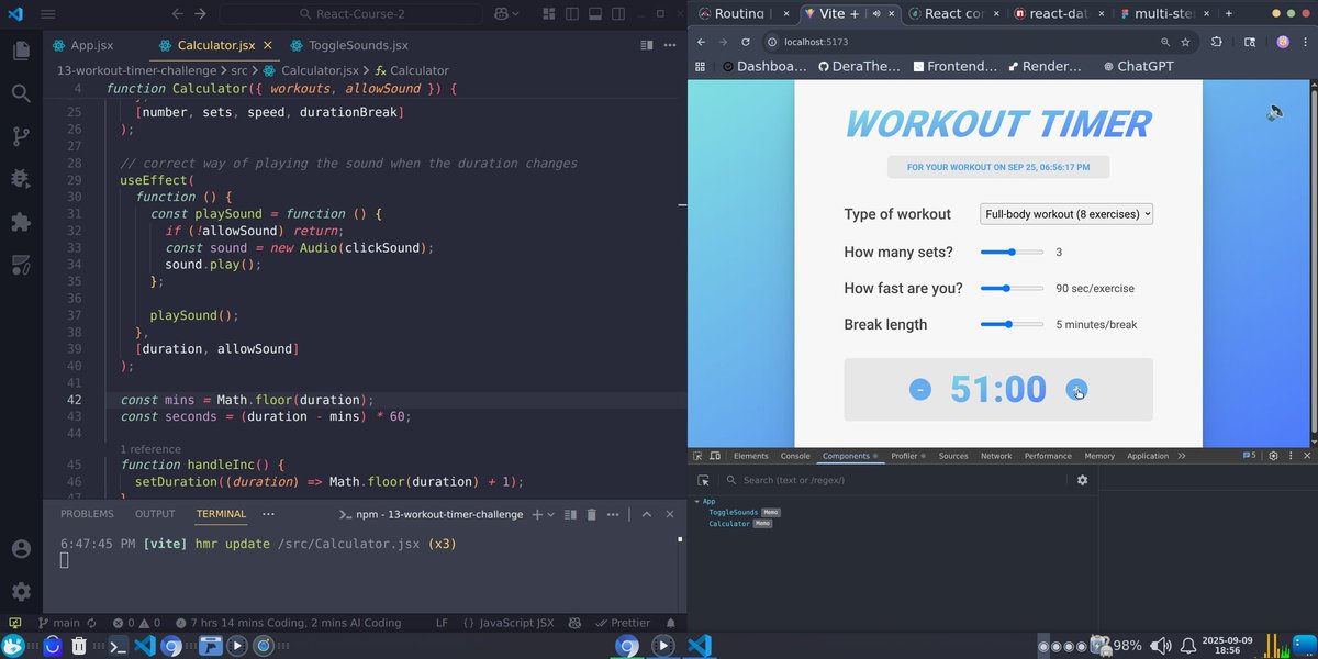 deraamaobi's tweet image. Today,
• I learned about code splitting, useEffect dependency array rules, how to remove function and object dependencies
• Optimized the Worldwise app by lazy loading the pages
• Practiced some optimization techniques using this workout timer
#100DaysOfCode #react