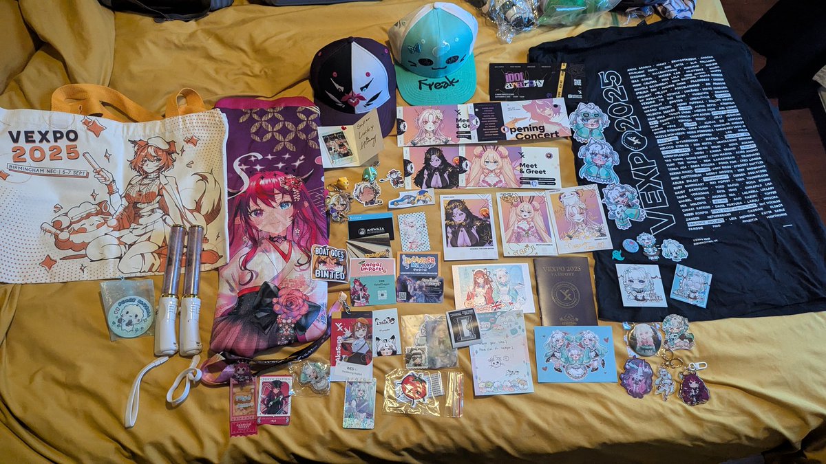 Finally was able to lay out my #VeXpo2025 haul!

Lots of small trinkets and gifts, new penlights and the amazing IRyS haori!

Unfortunately couldn't take anything big home as I only had carry on this year 😔😔😔