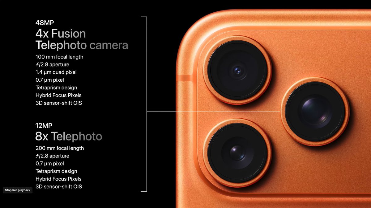 AstitvaPathak1's tweet photo. iPhone 17 Pro redefines mobile photography, checkout the camera specification:
• 48MP Pro Fusion Camera
• 4x &amp; 8x Telephoto (100mm / 200mm)
• Tetraprism design + Hybrid Focus Pixels
• 3D sensor-shift OIS
Pro lenses in your pocket. 🧡
@Apple 
#AppleEvent #iPhone17Pro #TechNews https://t.co/sbZ1DCis12