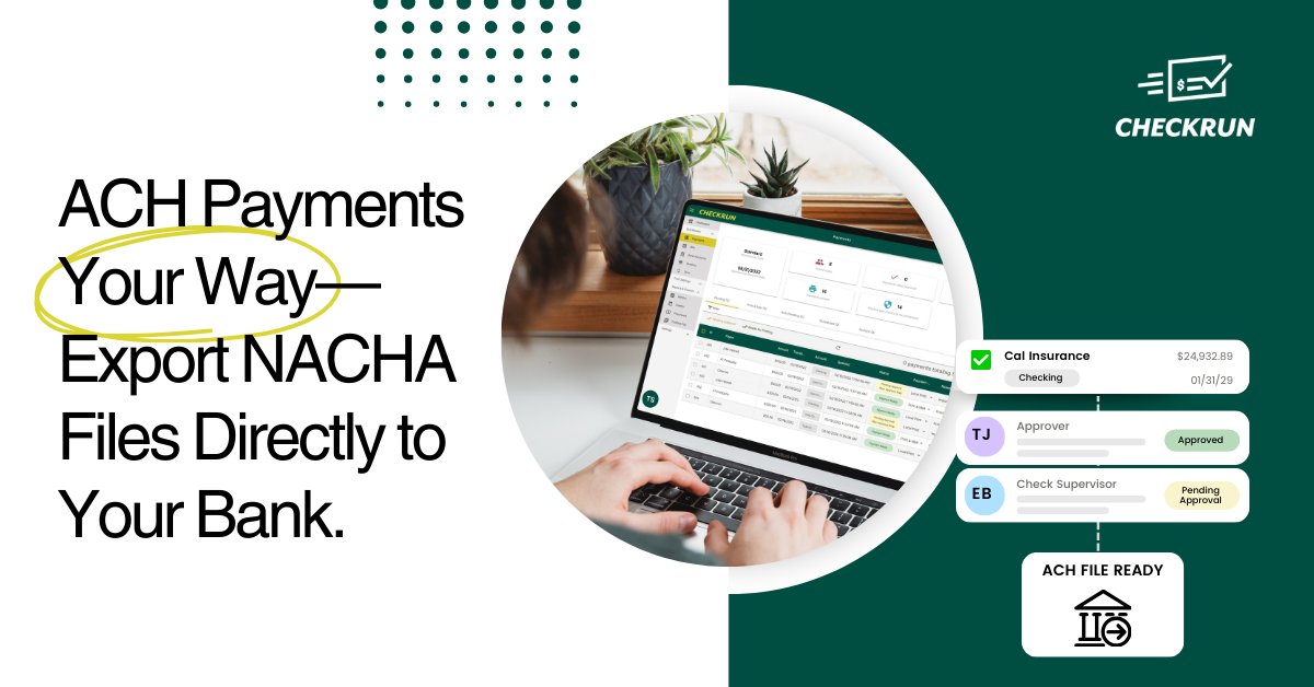 CheckrunChecks's tweet image. Why pay more for payments?
Checkrun’s ACH File Export helps you reduce processing fees, eliminate prefunding, and keep your money in your account until the payment clears.
📉 Lower costs
📈 More control
Details here 👉 checkrun.com/ach-payments/