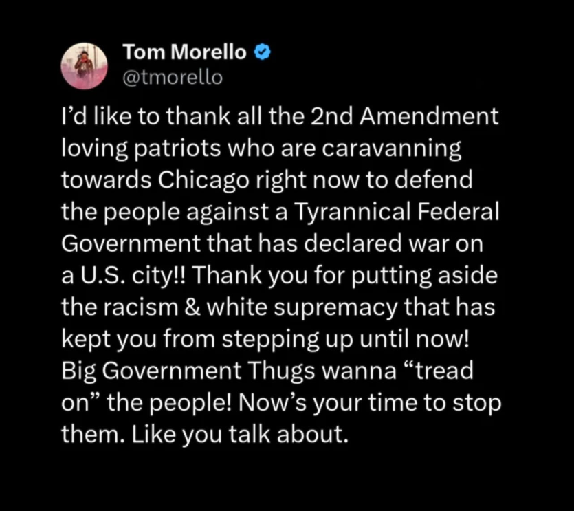 sirDukeDevin's tweet photo. Tom Morello absolutely crushing MAGA is a gorgeous sight: https://t.co/q35OzKr7YF