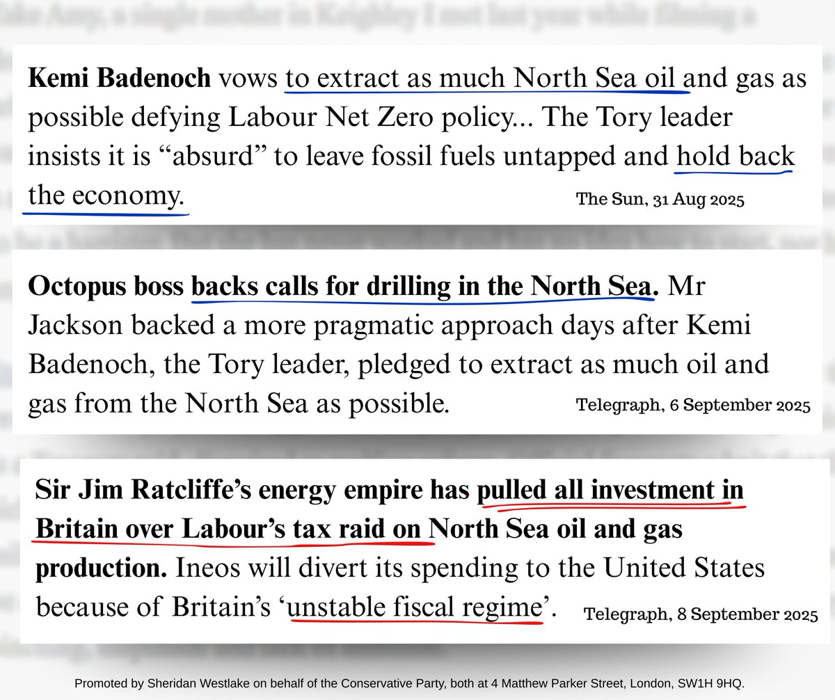 Labour stops drilling in the North Sea… then wonders why investment sails off to the US. Last week I called for oil &amp; gas drilling to continue. INEOS and Octopus Energy’s CEOs have since said the same. 

Net Zero dogma is making Britain colder, poorer &amp; weaker. We’ll deliver a