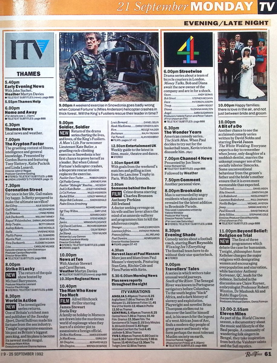 TvDidYouSee's tweet image. #OnThisDay 21 September 1992 📺TV Listings
STRIKE IT LUCKY, SOLDIER, SOLDIER and WORLD IN ACTION all begin new series.
Another chance to see #DavidJason in A BIT OF A DO.
He Died a Death in MURDER MOST HORRID.
Is Betty prepared to make the ultimate sacrifice in #CoronationStreet?
