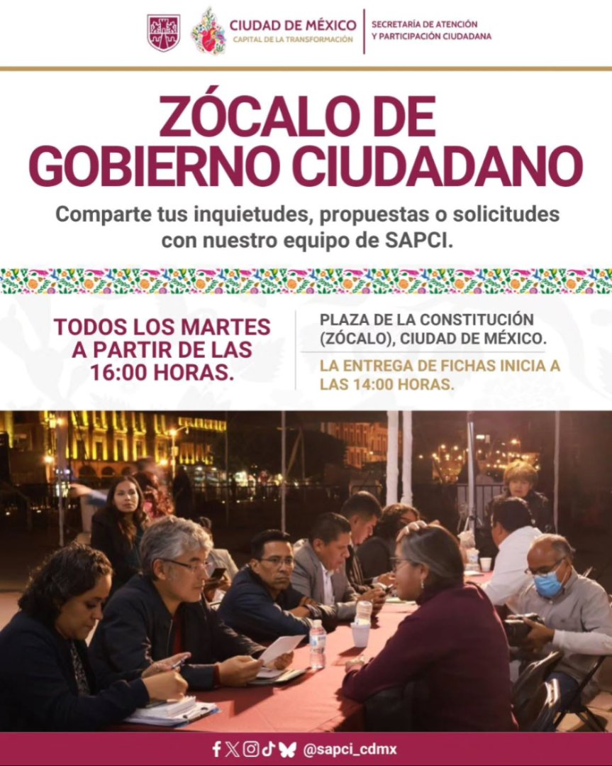 📌 ¡Hoy tienes una cita en el Zócalo de Gobierno Ciudadano!

💬 Comparte tus inquietudes, propuestas o solicitudes con todas las dependencias del <a href="/GobCDMX/">Gobierno de la Ciudad de México</a>.

📍 Zócalo CDMX
🕑 Entrega de fichas: 14:00 horas
🕓 Inicio de atención: 16:00 horas

🗣️ ¡Tu voz cuenta y aquí es escuchada!