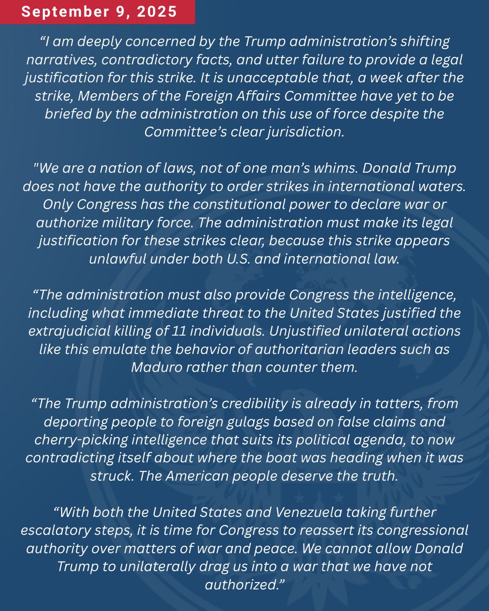 HouseForeign's tweet image. Statement from Ranking Member @RepGregoryMeeks demanding answers on and the legal justification for the Trump administration’s strike on a vessel in the Caribbean Sea last week:
