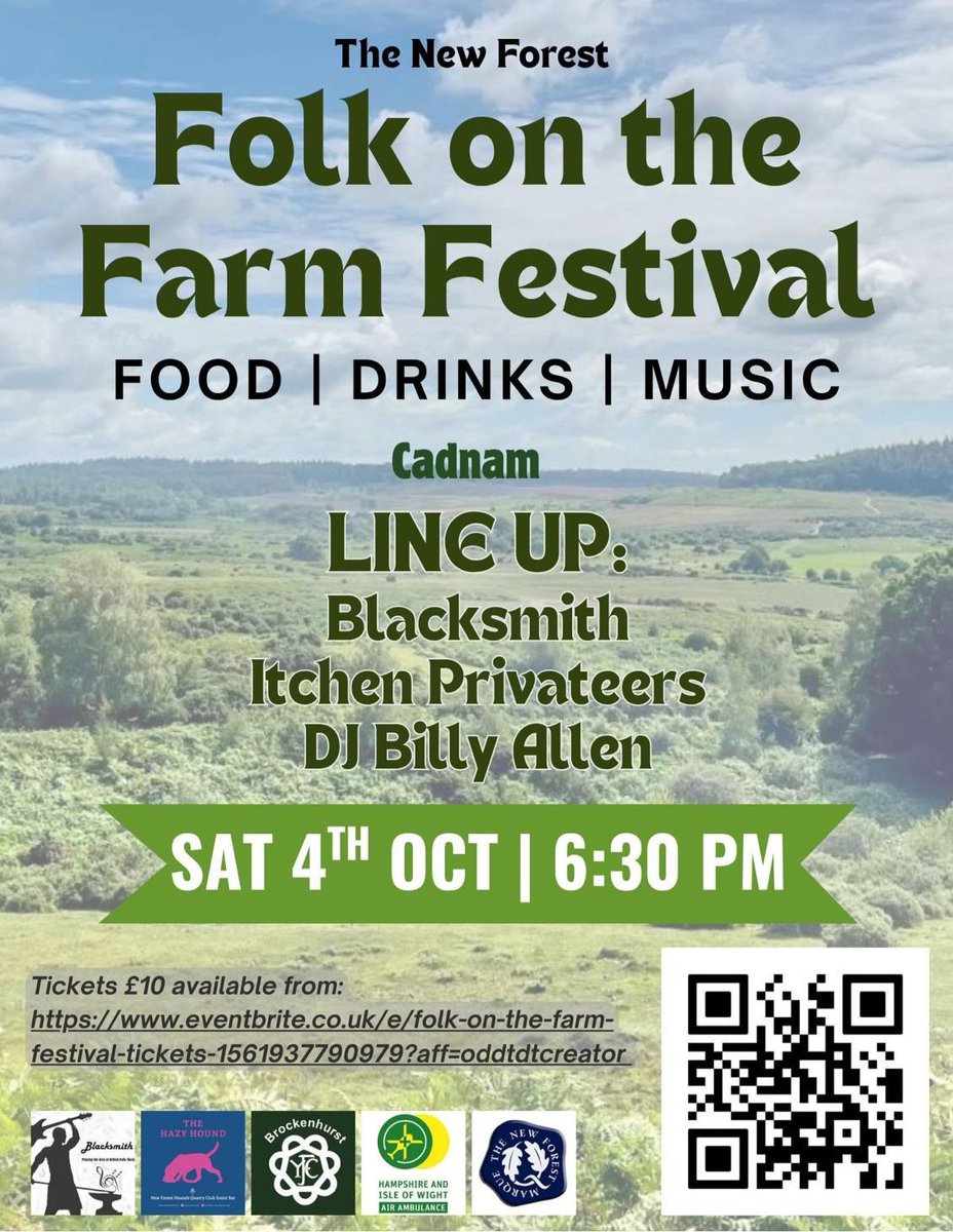 🎶Folk on the Farm Festival 🎶
An evening of live music, tasty food, and fun! At Storm’s Farm, Cadnam.
Sat 4 Oct 6:30pm
Get your tickets on Eventbrite or scan the QR code. 
Proceeds will be going towards Brockenhurst Young Farmers &amp; Hampshire Isle of Wight Air Ambulance