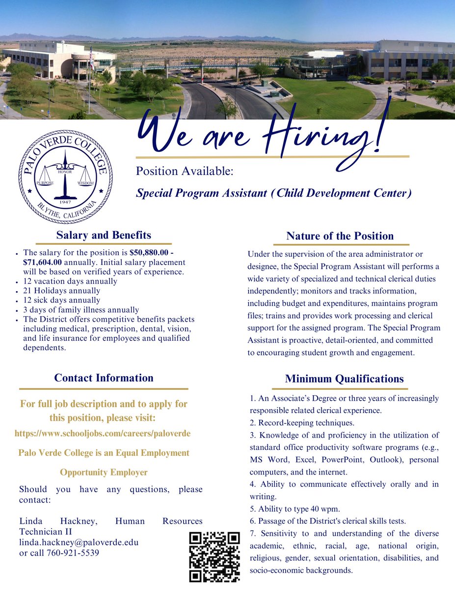 🚨Attention job seekers! 🚨

PVC is hiring! Explore the numerous job opportunities we have available and take the first step towards a new career. 💙💛

Come and join the PVC Team! Visit our job board today: schooljobs.com/careers/palove…