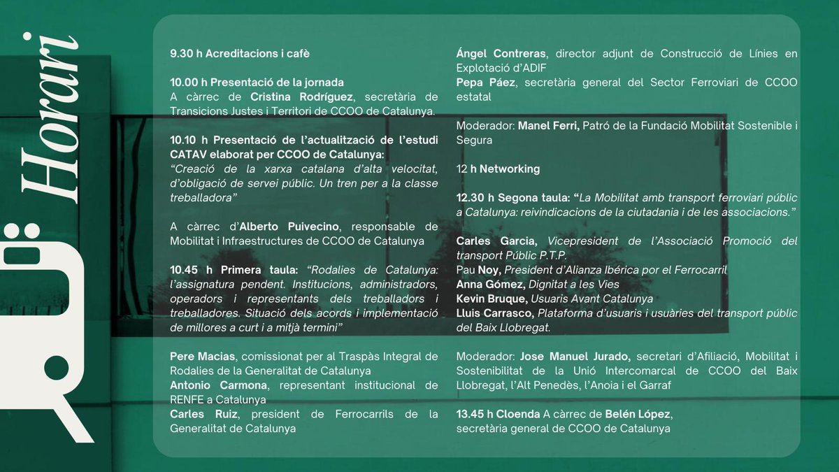 Jornada Mobilitat amb Transport Ferroviari públic a Catalunya organitzada per CCOO

Dijous, 18 de setembre 
9:30-14:00 h
Espai Assemblea 
Seu CCOO, Vía laietana, 16
Barcelona 

Hi intervindrà en Pau Noy, en representació Aliança Ibèrica per al Ferrocarril