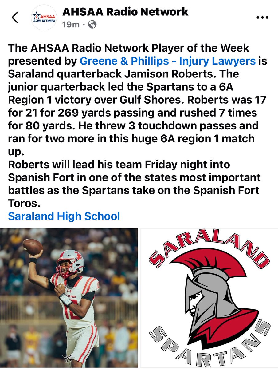 Thank You <a href="/ahsaaradio/">AHSAA Radio Network</a> and Green &amp; Phillips Injury Lawyers  🏈 #POTW <a href="/GoSaraland/">Spartan Football</a>