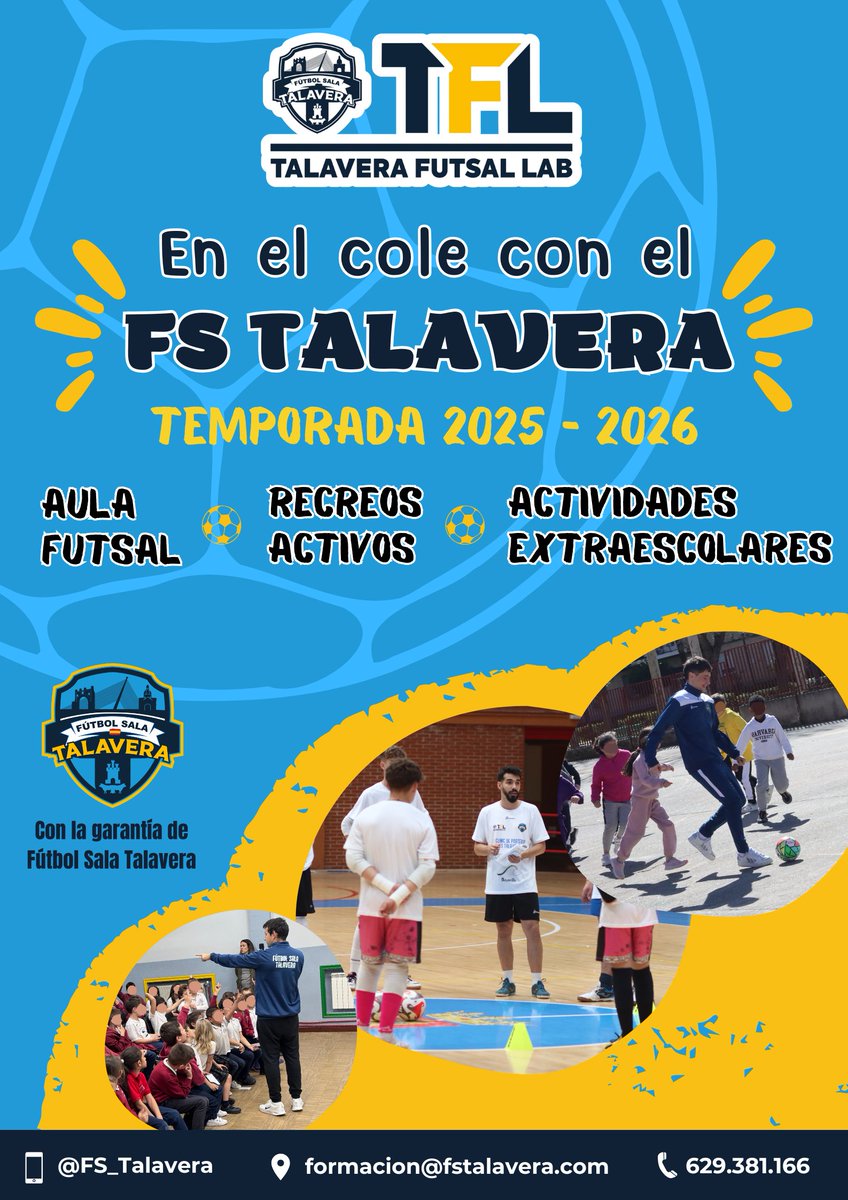 Este curso y de la mano de nuestro departamento TALAVERA FUTSAL LAB 🧑🏻‍🔬🧑🏻‍🔬🧑🏻‍🔬 queremos que el fútbol sala llegue a todos los rincones de Talavera y comarca 🟦⬜️🟦. Por ello que lanzamos la iniciativa 'En el Cole con el FS Talavera' 🧑🏻‍🏫🧑🏻‍🏫🧑🏻‍🏫 ¡Si estáis interesados, contactadnos! 📱📩🧑🏻‍💻