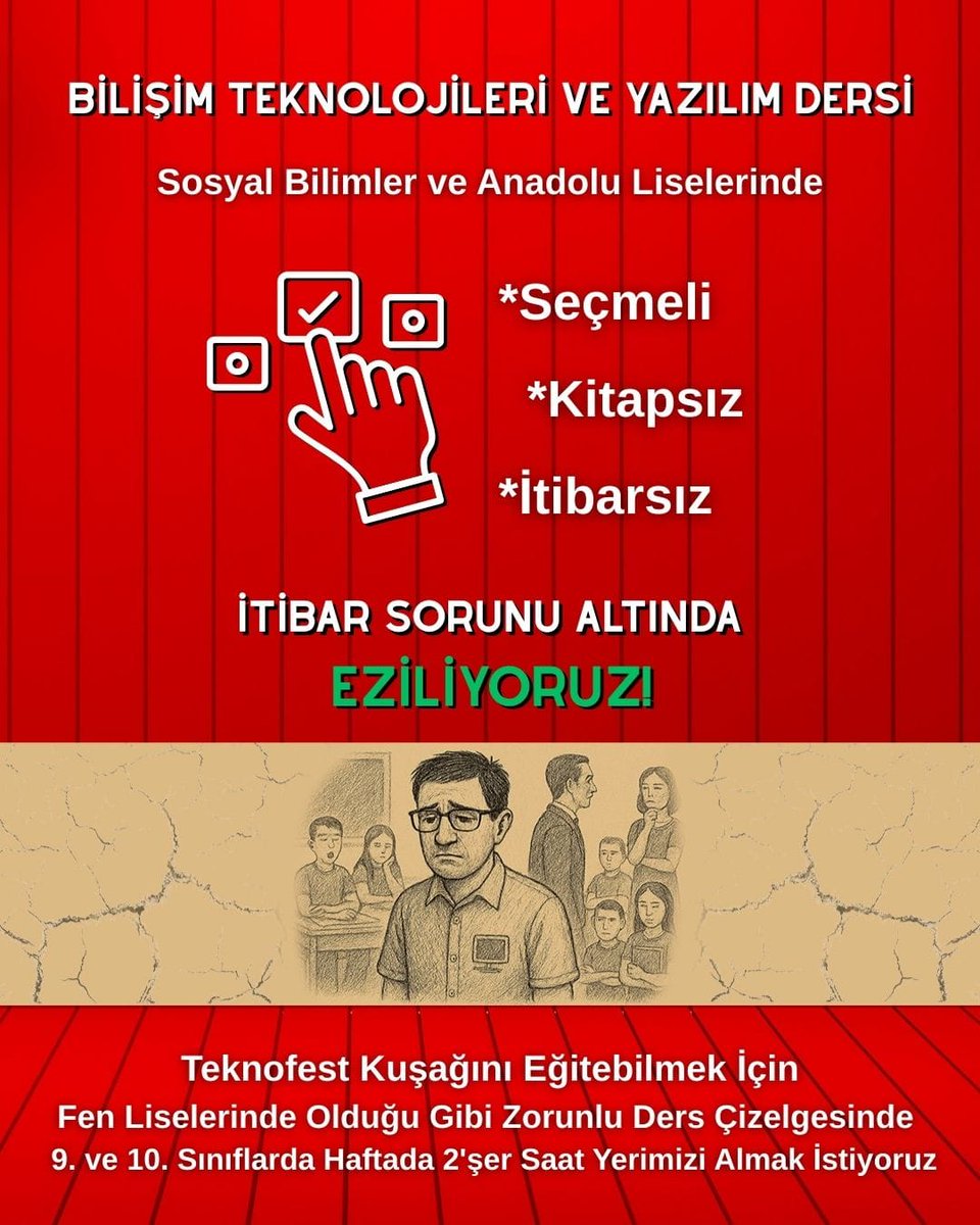 🖥️Bilgisayar ve Öğretim Teknolojileri Öğretmenleri anlaşılmak istiyor.
Bilim ve teknolojide öncü lider bir ülke olmak için çocuklarımızı ilkokuldan liseye donanımlı yetiştirmemiz gerekiyor. Bunun içinde BT öğretmenlerinin norm durumu düşünülmeli.

#İlkokuldanLiseyeBÖTE*