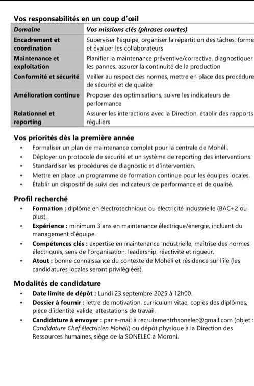 UnionComorienne's tweet photo. La SONELEC lance un appel à candidature pour un (e) chef(fe) électricien (ne) à la Direction Régionale de Mwali https://t.co/mieOn5MWC6