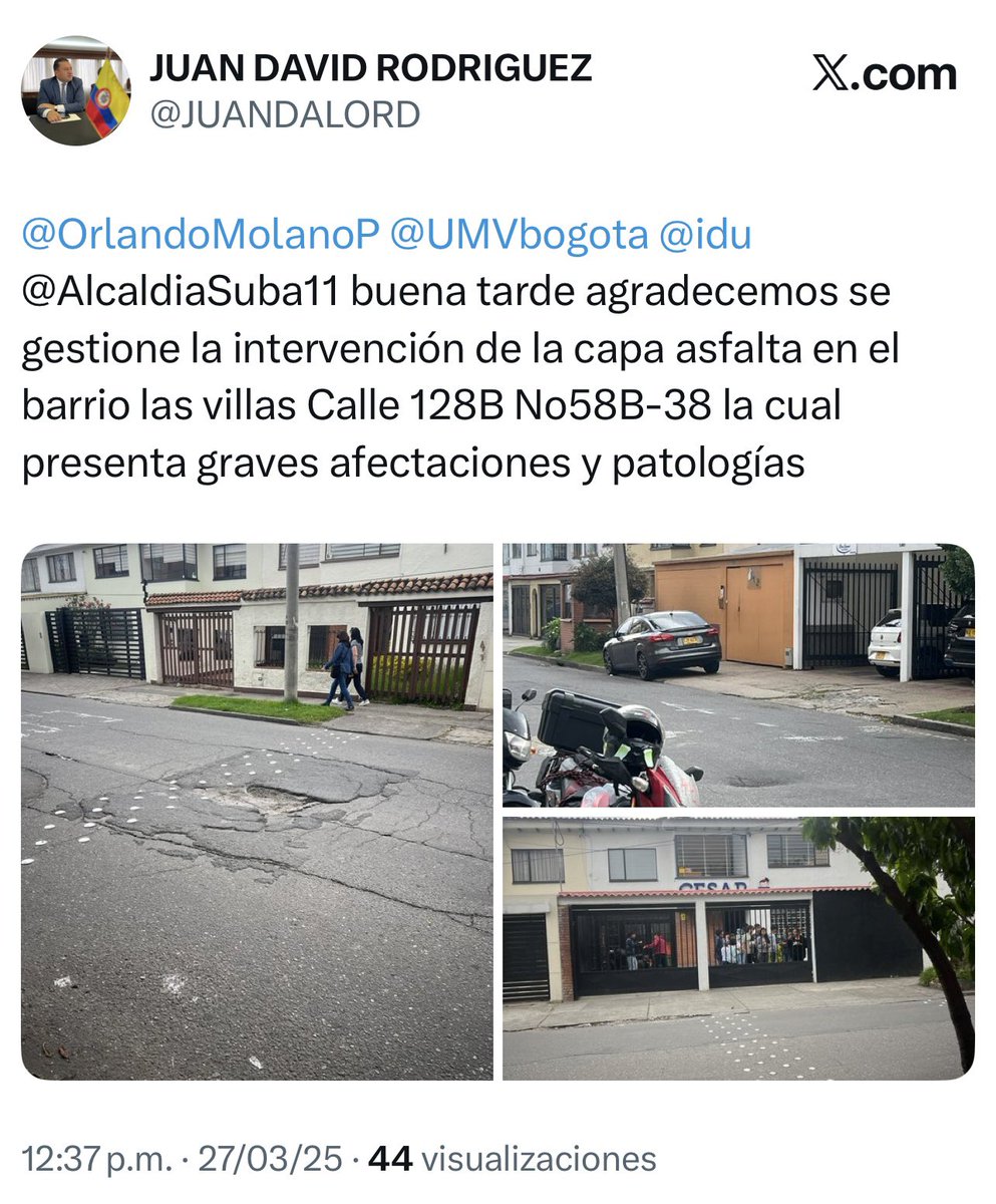 JUANDALORD's tweet photo. Desde marzo s3 insiste intervención de la malla vial en la calle 128B con Carrera 58 B barrio las villas de la localidad de suba;la afectación es tal que residentes,población escolar se encuentran en constantepeligro y no decir de los actoresviales @idu @subaalcaldia @UMVbogota https://t.co/XYUBst7T5c