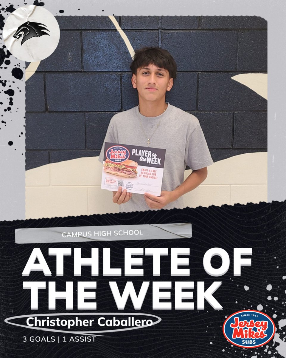 Congratulations to Christopher Caballero for being selected Jersey Mike's Subs Athlete of the Week for Sept 1-8. Chris scored a hat trick and had an assist in our soccer game vs. Coffeyville on Sept 2.