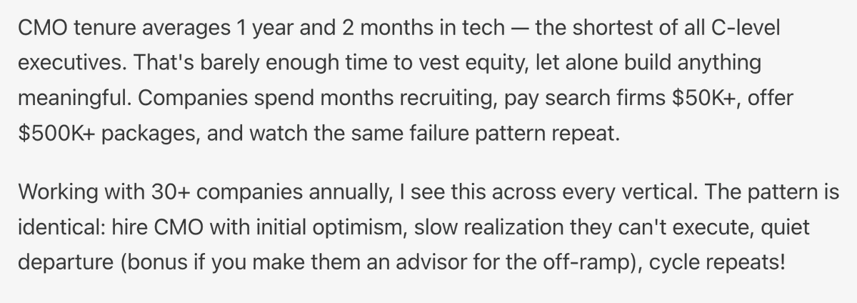 My take: This is exactly right. 

Only thing I would add is CMO can be terrible or burns out.

IF you last 2 years as a CMO you are a god.

Not all CMOs are terrible, but the good ones almost always burn out.

I think the CMO position is extinct in the next 2-3 years. 

There