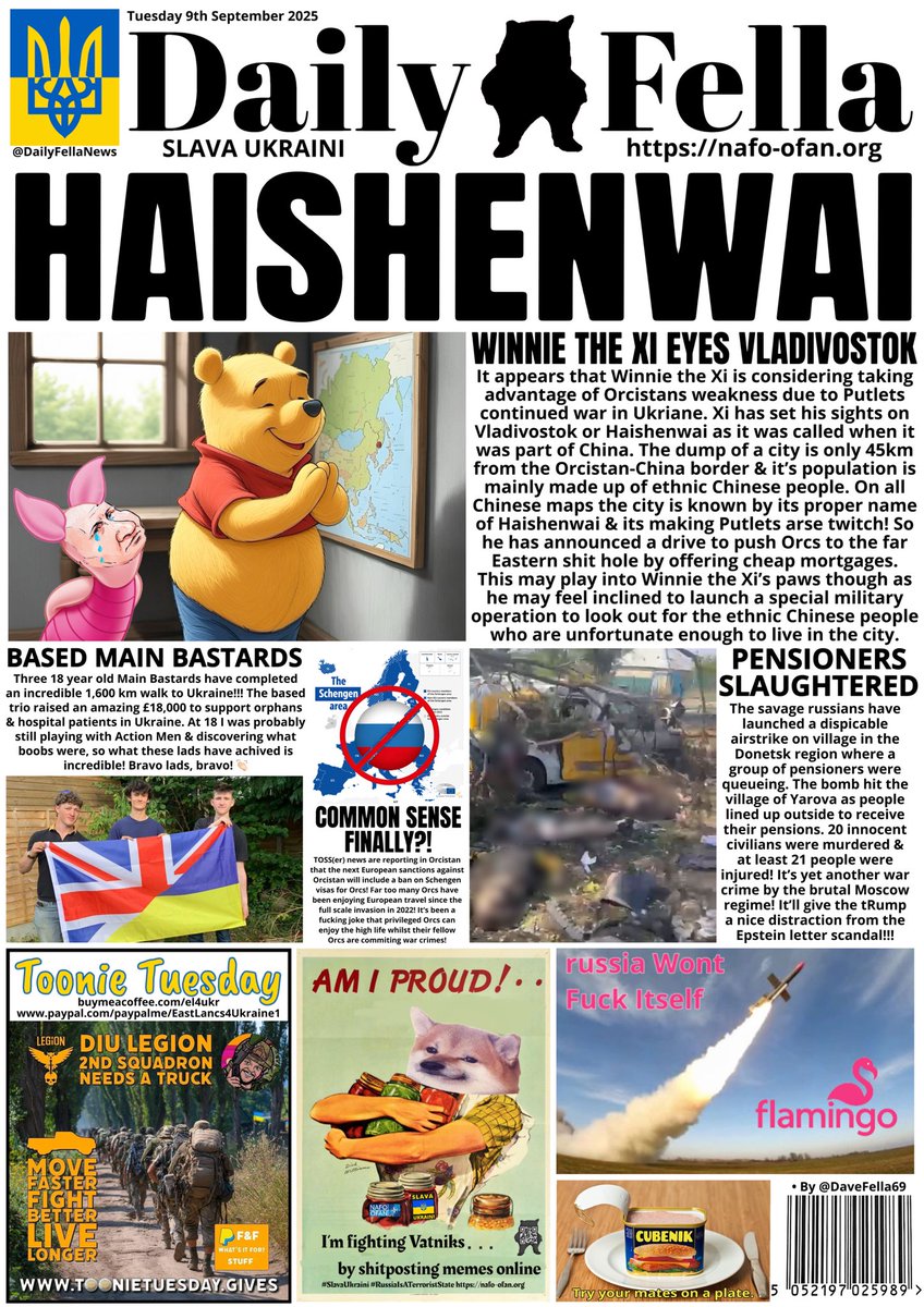 It’s Daily Fella time but more importantly it’s #ToonieTuesday
So before you read on please head over &amp; send <a href="/cossackgundi/">COSSACKGUNDI</a> some toonies for <a href="/DIU_Legion/">diu_legion</a> 
Read about Putin losing Vladivostok to China, more russian war crimes in Ukraine &amp; some based Main Bastards. 

#DailyFella