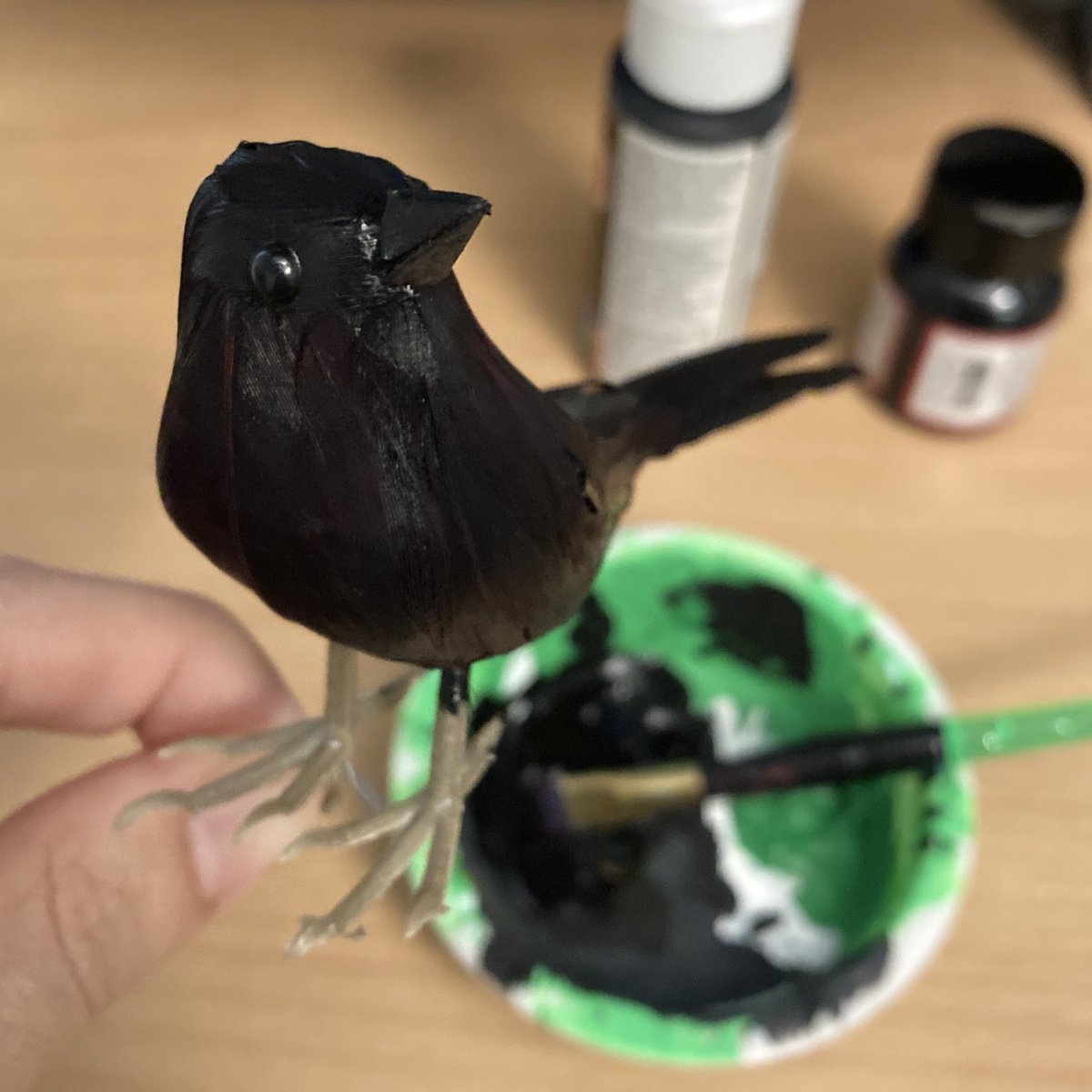 MicroFins's tweet image. WIP.  The local Halloween stores did not have any tiny crows for sale... so we're painting the cardinals black. 🐦-&amp;gt;🐦‍⬛