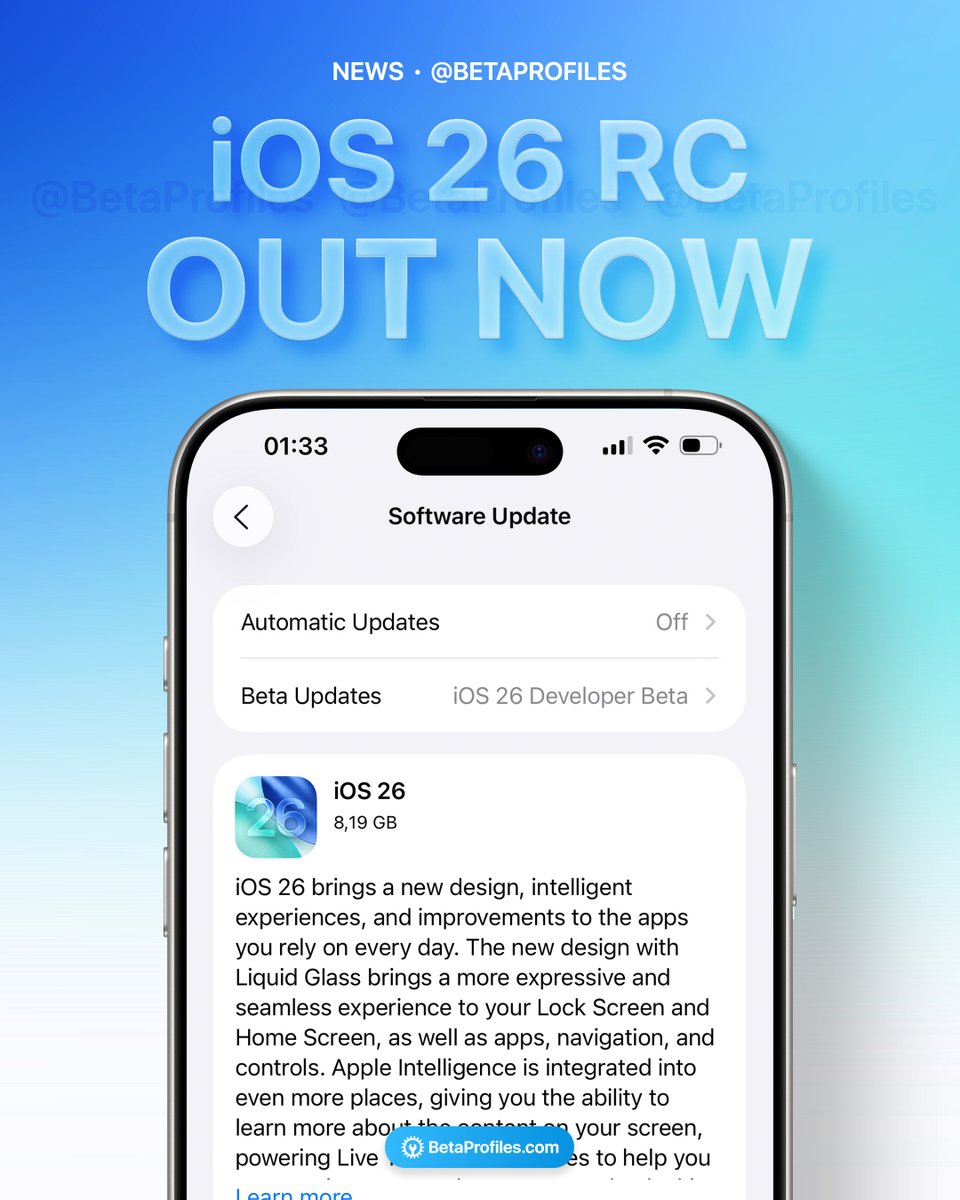TweetByLokesh's tweet image. iOS 26 RC is OUT NOW
Prepare for the full release! This Release Candidate brings the revamped Liquid Glass UI, smarter Apple Intelligence, and refreshed apps like Messages, Wallet, Maps. #iOS26 #AppleEvent #iOSUpdate