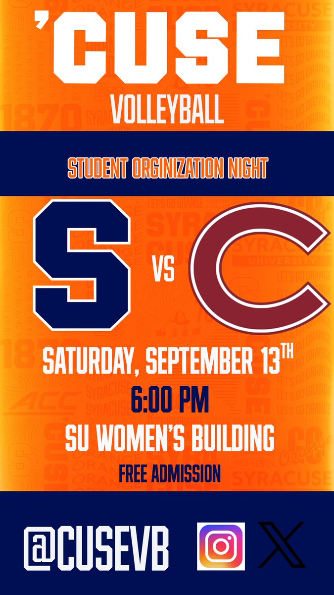CusePromos's tweet image. @CUSEVB takes on Colgate this Saturday!

📅 Sept 13th
🕕 6:00 PM
📍 SU Women’s Building
🎟️ FREE Admission

Let’s pack the gym and BEAT COLGATE! 🍊
#GoOrange #CUSEVB