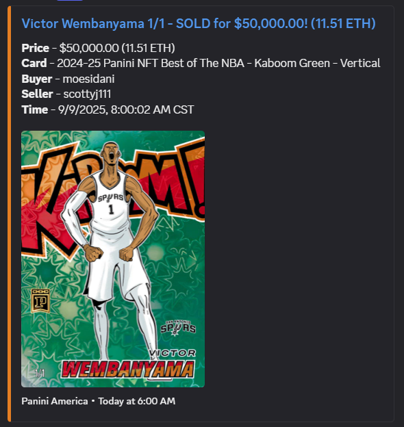 NFTsEveryday's tweet photo. Not even 12pm on the west coast &amp; there's already two sales on Panini App over $30k today! 

Lebron James Gold Kaboom 9/10
$36,500 sold to RaspySlabs 

Victor Wembanyama Green Kaboom 1/1 
$50,000 sold to Moesidani

Two physical card collectors locking up major gems on digital💎 https://t.co/6WK0RpJNmN