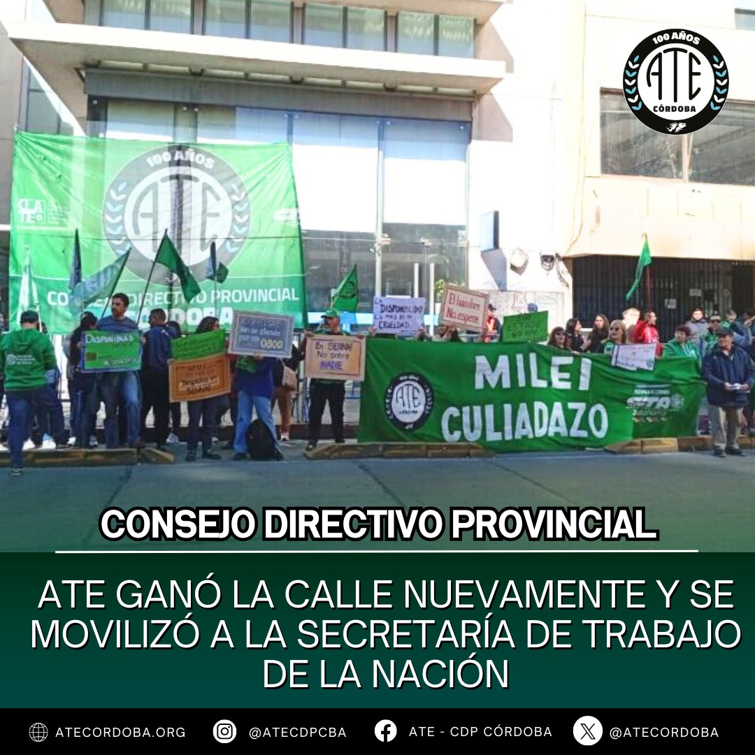 📢 ATE Córdoba en la calle

Hoy nos movilizamos a la Secretaría de Trabajo en el marco de la Jornada Nacional de Protesta  .
Reincorporación inmediata de todos/as los/as despedidos/as del Estado nacional, provincial y municipal.

  atecordoba.org/?p=50554
