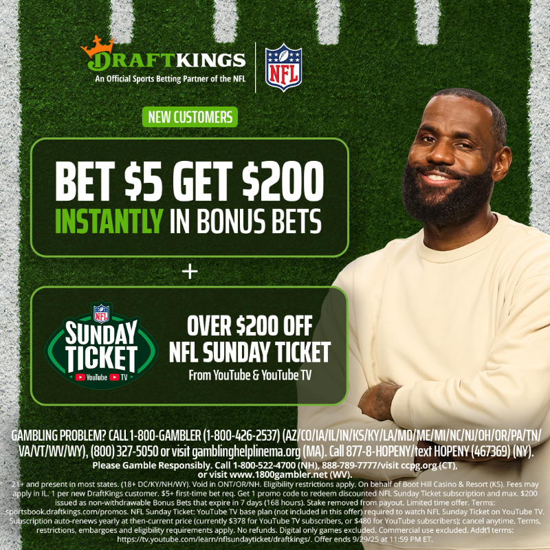 DKSports's tweet photo. Get in on the NFL action with DraftKings Sportsbook! New customers can bet $5 and get $200 Instantly in Bonus Bets! Check it out! 🏈