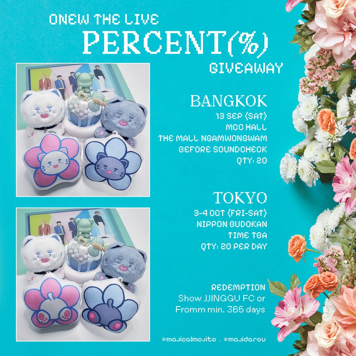 majicalmojito's tweet photo. 🌼ONEW THE LIVE: PERCENT(%) GIVEAWAY🌼
in BANGKOK &amp; TOKYO

as jinki suggested, I made more jjingnyang and jjingmeok squeakys! come adopt a pretty jjingflower~🌺

#ONEW #온유 #オンユ 
#ONEW_THE_LIVE_PERCENT #ONEW_THE_LIVE_PERCENT_BKK  #ONEW_THE_LIVE_PERCENT_JAPAN https://t.co/kZpaiy9h8d