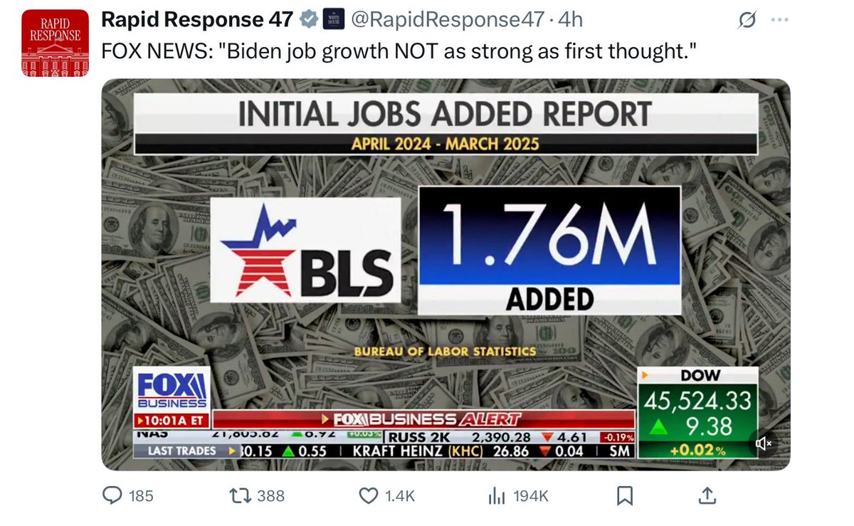 davegreenidge57's tweet photo. So Trump had his replacement BLS Director cook the books, reducing the previous administrations job totals by almost 1 million. That’s partly to pressure the Fed to lower interest rates. But don’t be shocked when those same 1 million jobs suddenly get added back in, as needed. https://t.co/VGypOGgq8i