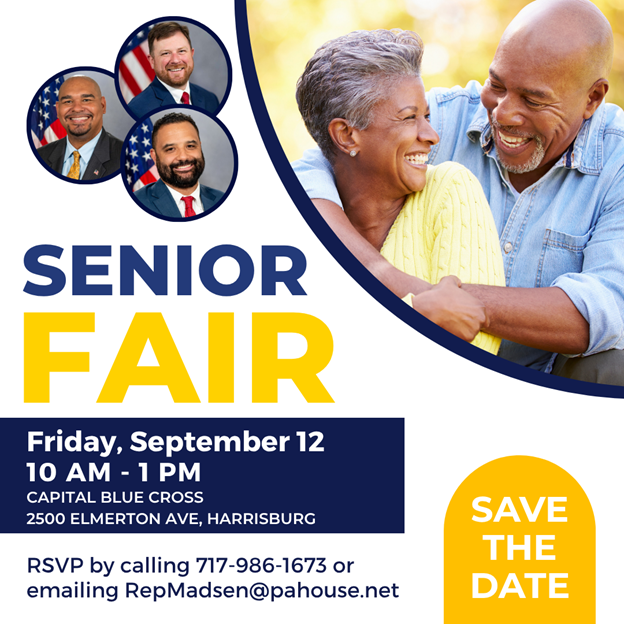 Rep. David Madsen (@repmadsen) on Twitter photo I'm joining <a href="/RepNateDavidson/">Rep. Nate Davidson</a> and <a href="/RepJFleming/">Rep. Justin Fleming</a> to host a Senior Fair this Friday, Sept. 12 from 10 a.m. to 1 p.m.
Stop by 2500 Elmerton Ave. to learn about senior programs, opportunities and resources, and more!
RSVP by calling 717-986-1673 or emailing RepMadsen@pahouse.net. I'm joining <a href="/RepNateDavidson/">Rep. Nate Davidson</a> and <a href="/RepJFleming/">Rep. Justin Fleming</a> to host a Senior Fair this Friday, Sept. 12 from 10 a.m. to 1 p.m.
Stop by 2500 Elmerton Ave. to learn about senior programs, opportunities and resources, and more!
RSVP by calling 717-986-1673 or emailing RepMadsen@pahouse.net.