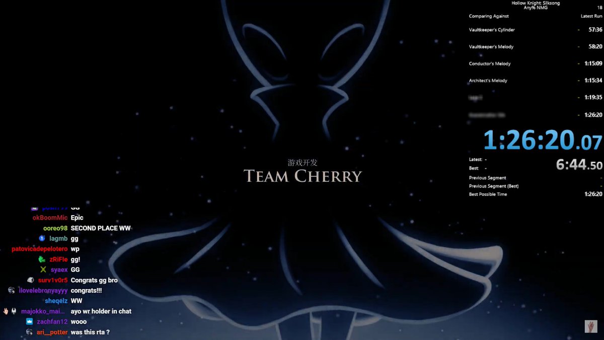 I got a Silksong Any% speedrun in 1:26:20!  

Currently 2nd place, with only 3 deaths in the run. I should be able to cut another 10 minutes out with a deathless run. So exciting to be part of the early speedrun push! 

 WR tomorrow!