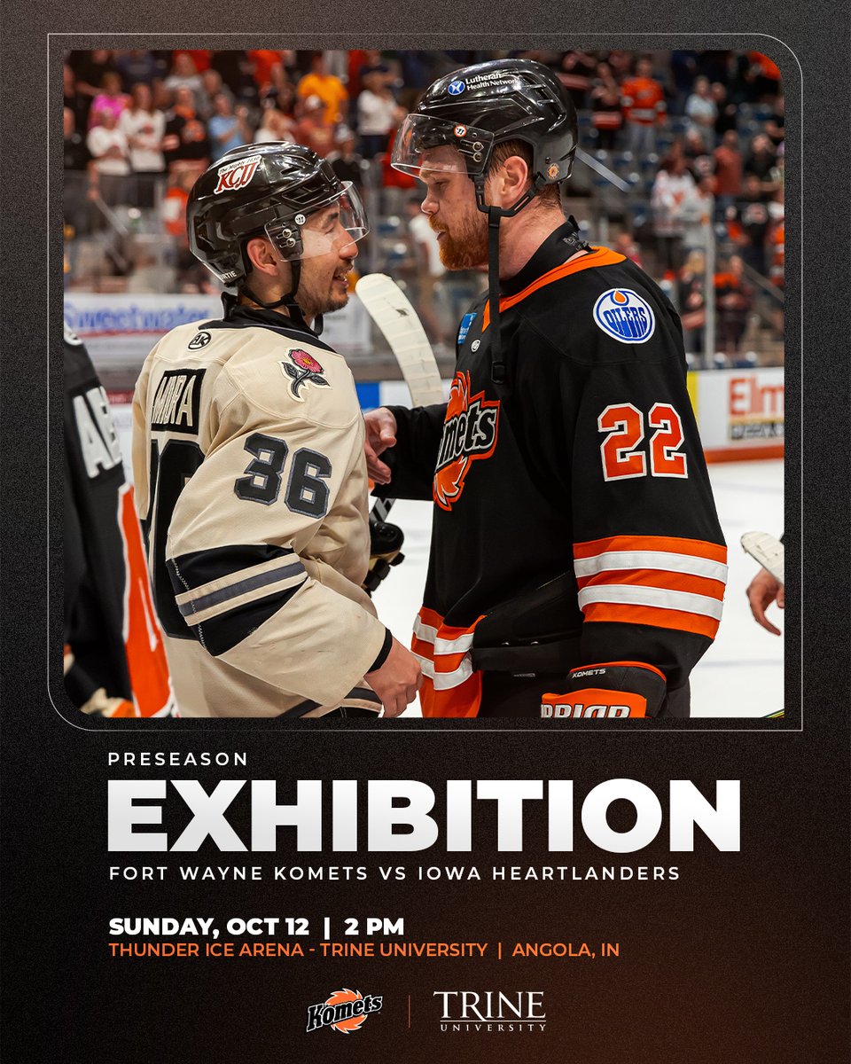 Fort Wayne Komets (@fwkomets) on Twitter photo Gonna mix things up this year for preseason ⛈️
We will face the <a href="/GoHeartlanders/">Iowa Heartlanders</a> on Sunday, October 12, at 2 PM at Thunder Ice Arena at <a href="/TrineUniversity/">Trine University</a>! Gonna mix things up this year for preseason ⛈️
We will face the <a href="/GoHeartlanders/">Iowa Heartlanders</a> on Sunday, October 12, at 2 PM at Thunder Ice Arena at <a href="/TrineUniversity/">Trine University</a>!