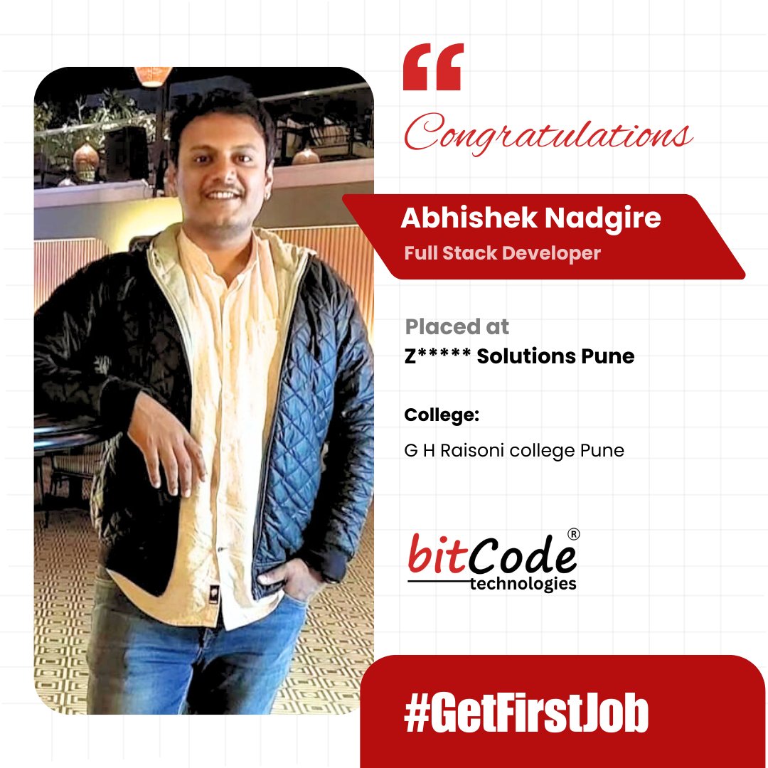 BitcodeTech's tweet image. Congratulations Abhishek,
On your successful placement as a #FullStackDeveloper at #Z*****.
We wish you all the best for an exciting journey ahead in the tech world!

Join BitCode&apos;s job-oriented courses and unlock your potential.
Get Trained, Get Placed!