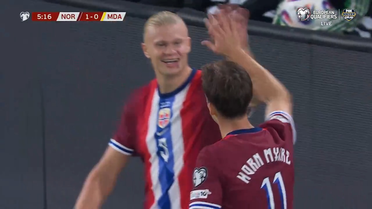 Haaland assists Horn Myhre to give Norway the early lead over Moldova 🇳🇴